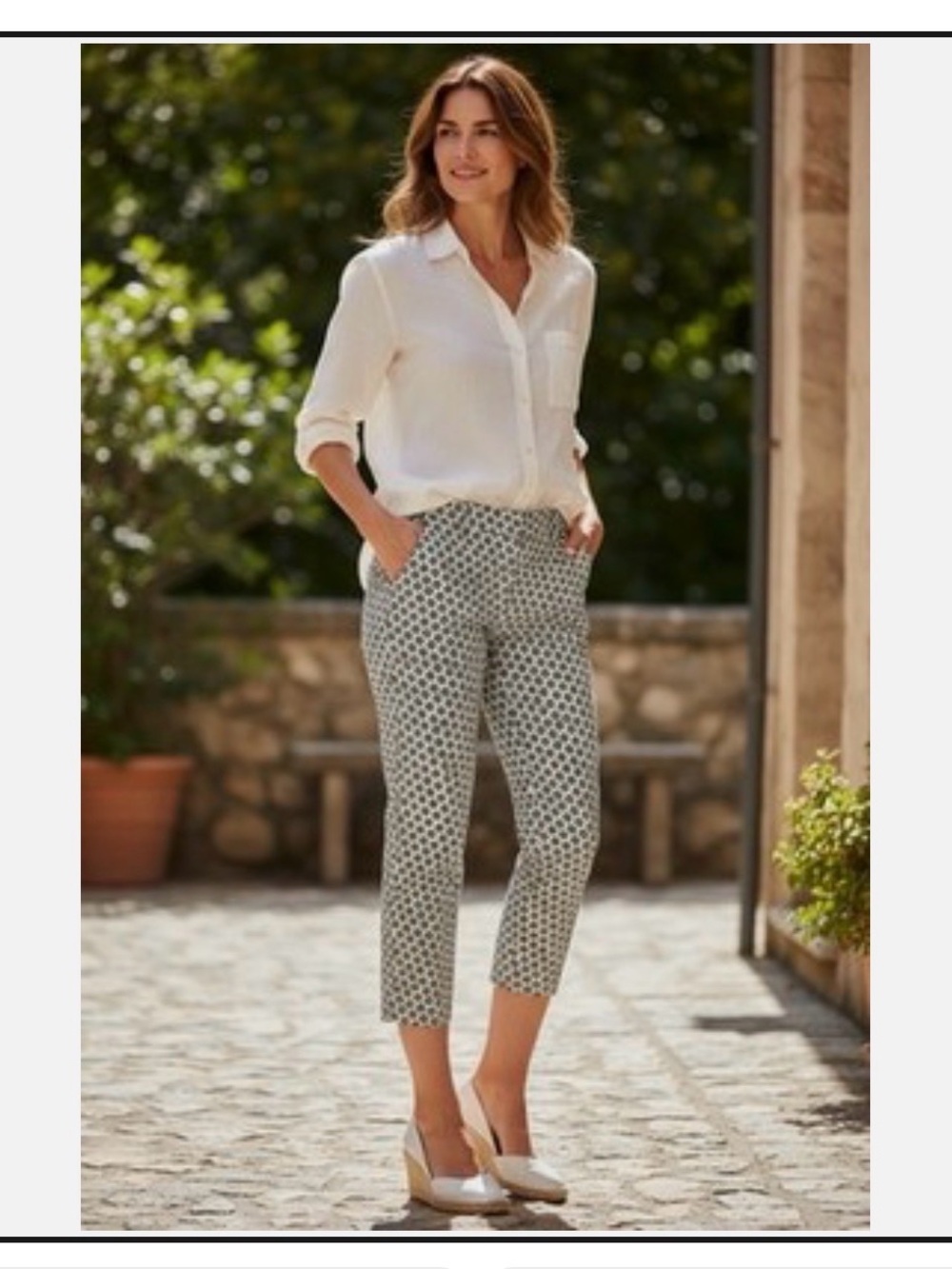NWOT Adrianna Papell Geometric Floral Print Ankle Pants White Gray Black Size 8